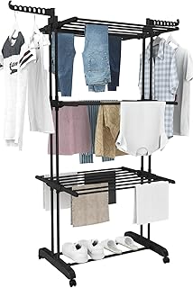 رف تجفيف الملابس القابل للطي من 3 طبقات للغسيل أسود (أزرق) (أسود)