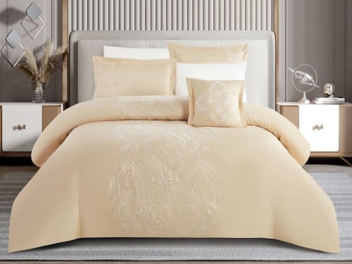 مفرش MODY فاخر مطرز مفرد ونص 4 قطع - بيج سكري